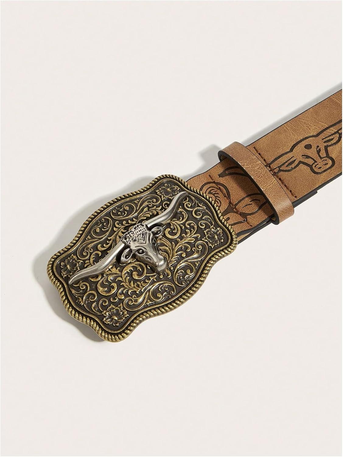 imageOYOANGLE Womens Vintage Western Cowgirl Leather Belts Floral Engraved Longhorn Bull Buckled Belt for JeansBrown