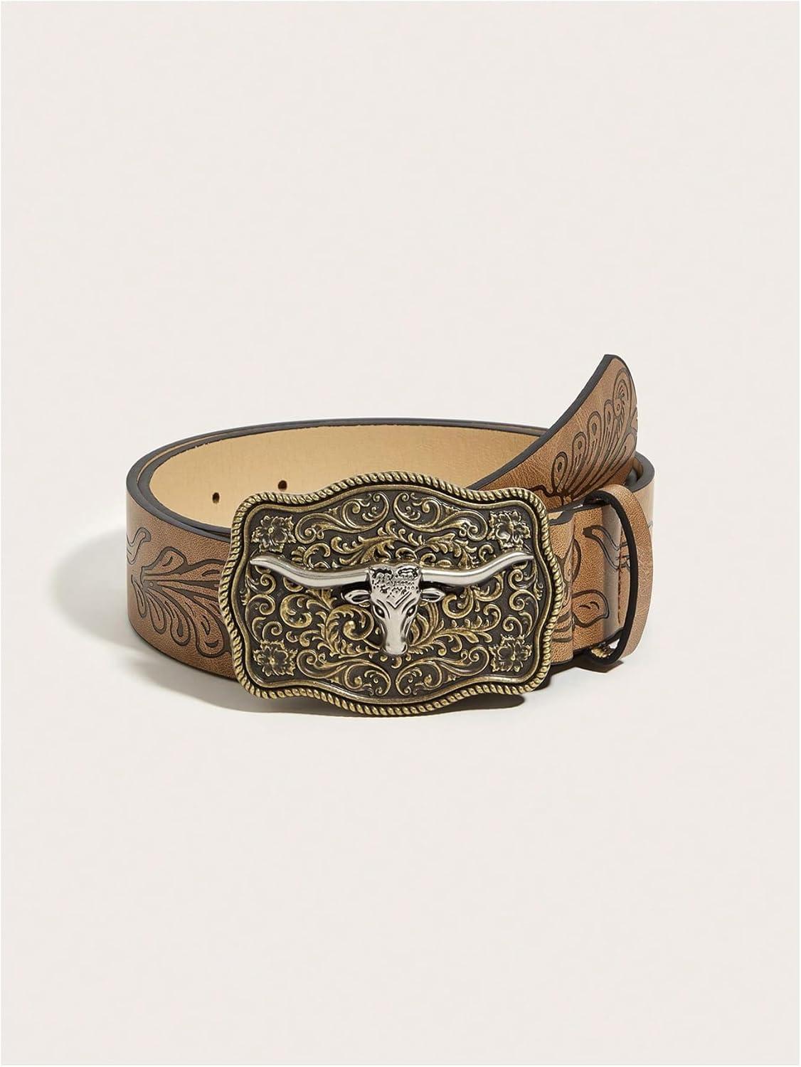 imageOYOANGLE Womens Vintage Western Cowgirl Leather Belts Floral Engraved Longhorn Bull Buckled Belt for JeansBrown