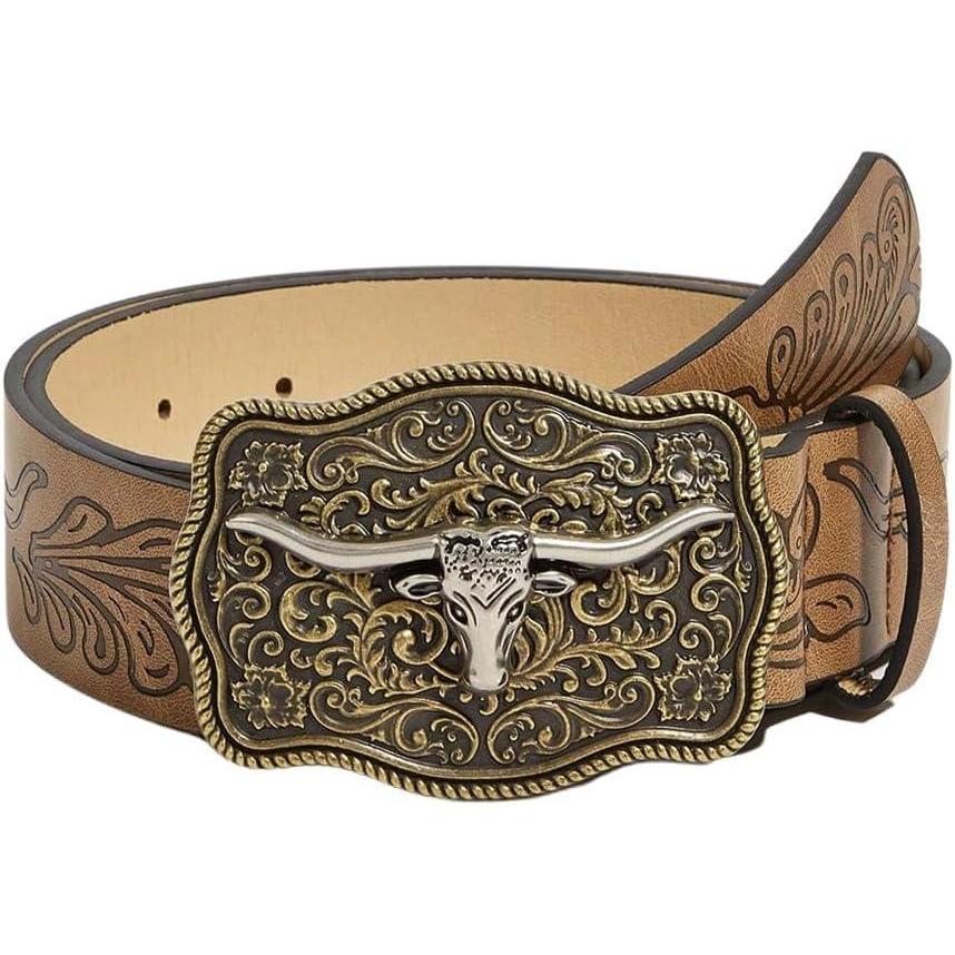 imageOYOANGLE Womens Vintage Western Cowgirl Leather Belts Floral Engraved Longhorn Bull Buckled Belt for JeansBrown