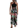 imageOYOANGLE Girls 2 Piece Clothing Sets Outfits Sleeveless Halter Crop Top and Tropical Print Pants SetsBlack Multi