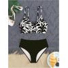 imageOYOANGLE Girls 2 Piece High Waisted Bikini Set Floral Print Spaghetti Strap Cute Swimsuits Vacation Bathing SuitsBlack