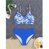 imageOYOANGLE Girls 2 Piece High Waisted Bikini Set Floral Print Spaghetti Strap Cute Swimsuits Vacation Bathing SuitsBlue