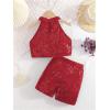 imageOYOANGLE Girls 2 Piece Outfit Sequin Sparkle Halter Neck Tank Top and Shorts SetRed