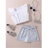 imageOYOANGLE Girls 2 Piece Outfits Button Front Cap Sleeve Blouse with Metallic Belted Shorts SetWhite and Silver