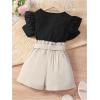 imageOYOANGLE Girls 2 Piece Outfits Crew Neck Ruffle Short Sleeve Top and High Waist Shorts Set with BeltBlack and Beige