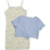 imageOYOANGLE Girls 2 Piece Outfits Floral Print Sleeveless Cute Cami Dresses and Short Sleeve Lettuce Trim Tie Front Top SetsBlue White
