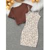 imageOYOANGLE Girls 2 Piece Outfits Floral Print Sleeveless Cute Cami Dresses and Short Sleeve Lettuce Trim Tie Front Top SetsBrown