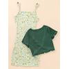 imageOYOANGLE Girls 2 Piece Outfits Floral Print Sleeveless Cute Cami Dresses and Short Sleeve Lettuce Trim Tie Front Top SetsGreen