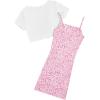 imageOYOANGLE Girls 2 Piece Outfits Floral Print Sleeveless Cute Cami Dresses and Short Sleeve Lettuce Trim Tie Front Top SetsPink Solid