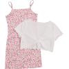 imageOYOANGLE Girls 2 Piece Outfits Floral Print Sleeveless Cute Cami Dresses and Short Sleeve Lettuce Trim Tie Front Top SetsPink White