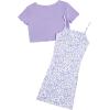 imageOYOANGLE Girls 2 Piece Outfits Floral Print Sleeveless Cute Cami Dresses and Short Sleeve Lettuce Trim Tie Front Top SetsPurple Solid
