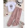 imageOYOANGLE Girls 2 Piece Outfits Graphic Print Short Sleeve T Shirt and Cargo Pants Sets with Flap PocketsPink and White
