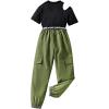 imageOYOANGLE Girls 2 Piece Outfits Letter Graphic Cut Out Tshirt and Belted Jogger Cargo Pants SetBlack and Green