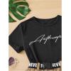 imageOYOANGLE Girls 2 Piece Outfits Letter Graphic Round Neck Tee Shirt and Buckle Belted Shorts SetBlack and Khaki