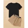 imageOYOANGLE Girls 2 Piece Outfits Letter Graphic Round Neck Tee Shirt and Buckle Belted Shorts SetBlack and Khaki
