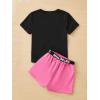 imageOYOANGLE Girls 2 Piece Outfits Letter Graphic Round Neck Tee Shirt and Buckle Belted Shorts SetHot Pink