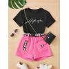 imageOYOANGLE Girls 2 Piece Outfits Letter Graphic Round Neck Tee Shirt and Buckle Belted Shorts SetHot Pink