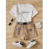 imageOYOANGLE Girls 2 Piece Outfits Letter Graphic Round Neck Tee Shirt and Buckle Belted Shorts SetKhaki