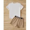 imageOYOANGLE Girls 2 Piece Outfits Letter Graphic Round Neck Tee Shirt and Buckle Belted Shorts SetKhaki