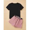 imageOYOANGLE Girls 2 Piece Outfits Letter Graphic Round Neck Tee Shirt and Buckle Belted Shorts SetMulticolor