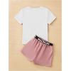 imageOYOANGLE Girls 2 Piece Outfits Letter Graphic Round Neck Tee Shirt and Buckle Belted Shorts SetWhite and Pink