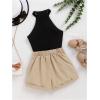 imageOYOANGLE Girls 2 Piece Outfits Rib Knit Halter Tank Top and Wide Leg Belted Shorts SetsBlack and Khaki