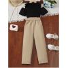 imageOYOANGLE Girls 2 Piece Outfits Rib Knit Short Sleeve Cold Shoulder Tee and Belted Pants SetsBlack and Khaki