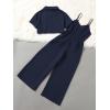 imageOYOANGLE Girls 2 Piece Outfits Short Sleeve Button Down Shirt Crop Top and Wide Leg Pants Jumpsuit SetNavy Blue