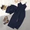 imageOYOANGLE Girls 2 Piece Outfits Short Sleeve Button Down Shirt Crop Top and Wide Leg Pants Jumpsuit SetNavy Blue