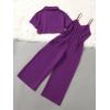 imageOYOANGLE Girls 2 Piece Outfits Short Sleeve Button Down Shirt Crop Top and Wide Leg Pants Jumpsuit SetPurple