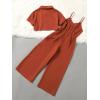 imageOYOANGLE Girls 2 Piece Outfits Short Sleeve Button Down Shirt Crop Top and Wide Leg Pants Jumpsuit SetRust Brown