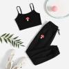 imageOYOANGLE Girls 2 Piece Outfits Sleeveless Mushroom Cartoon Print Embroidery Round Neck Shirt Top and Sweatpants Pants SetsBlack