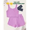 imageOYOANGLE Girls 2 Piece Outfits Sleeveless Rib Knit Notched Neck Crop Tank Top and Shorts Set TracksuitPurple