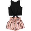 imageOYOANGLE Girls 2 Piece Outfits Summer Tie Knot Tank Top and Paperbag Waist Striped Shorts SetBlack and Pink