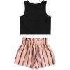 imageOYOANGLE Girls 2 Piece Outfits Summer Tie Knot Tank Top and Paperbag Waist Striped Shorts SetBlack and Pink