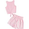 imageOYOANGLE Girls 2 Piece Outfits Summer Tie Knot Tank Top and Paperbag Waist Striped Shorts SetLight Pink