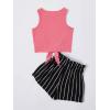imageOYOANGLE Girls 2 Piece Outfits Summer Tie Knot Tank Top and Paperbag Waist Striped Shorts SetPink and Black
