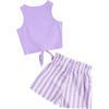imageOYOANGLE Girls 2 Piece Outfits Summer Tie Knot Tank Top and Paperbag Waist Striped Shorts SetPurple