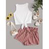 imageOYOANGLE Girls 2 Piece Outfits Summer Tie Knot Tank Top and Paperbag Waist Striped Shorts SetWhite Pink