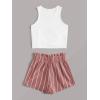 imageOYOANGLE Girls 2 Piece Outfits Summer Tie Knot Tank Top and Paperbag Waist Striped Shorts SetWhite Pink