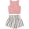 imageOYOANGLE Girls 2 Piece Outfits Summer Tie Knot Tank Top and Paperbag Waist Striped Shorts SetWhite Pink Striped