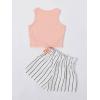 imageOYOANGLE Girls 2 Piece Outfits Summer Tie Knot Tank Top and Paperbag Waist Striped Shorts SetWhite and Pink