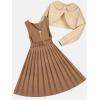 imageOYOANGLE Girls 2 Piece Outfits V Neck Belted Pleated A Line Sleeveless Dress and Long Sleeve Button Down Cardigan SetBrown Beige