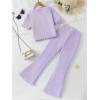 imageOYOANGLE Girls 2 Piece Ribbed Knit Pants Set Butterfly Appliques Short Sleeve Top and Flared TrousersPurple
