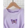 imageOYOANGLE Girls 2 Piece Ribbed Knit Pants Set Butterfly Appliques Short Sleeve Top and Flared TrousersPurple