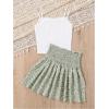 imageOYOANGLE Girls 2 Piece Summer Outfits Spaghetti Strap Lace Trim Camisole and Floral Ruffle Layered Skirts SetWhite and Green