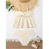 imageOYOANGLE Girls 2 Piece Tankini Swimsuit Textured Twist Front Ruched Ruffle Bikini Set Bathing SuitsBeige