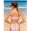imageOYOANGLE Girls 3 Piece Bikini Sets Floral Print Spaghetti Straps Wireless Swimsuits with Beach SkirtWhite and Pink