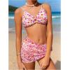 imageOYOANGLE Girls 3 Piece Bikini Sets Floral Print Spaghetti Straps Wireless Swimsuits with Beach SkirtWhite and Pink