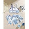 imageOYOANGLE Girls 3 Piece Boho Floral Bikini Swimsuit with Knot Side Beach Skirt Cover Up Bathing SuitsBlue and White